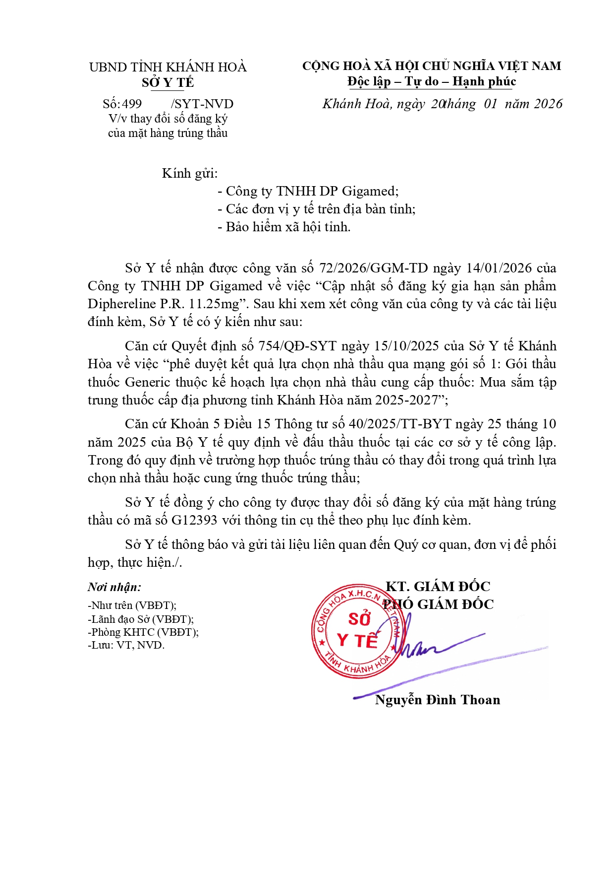 V/v thay đổi số đăng ký của mặt hàng trúng thầu